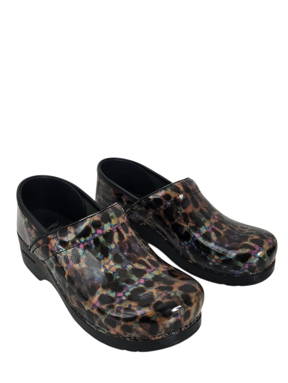 Dansko Professional Iridescent Leopard Rainbow Clogs Patent Leather Mule Size 40